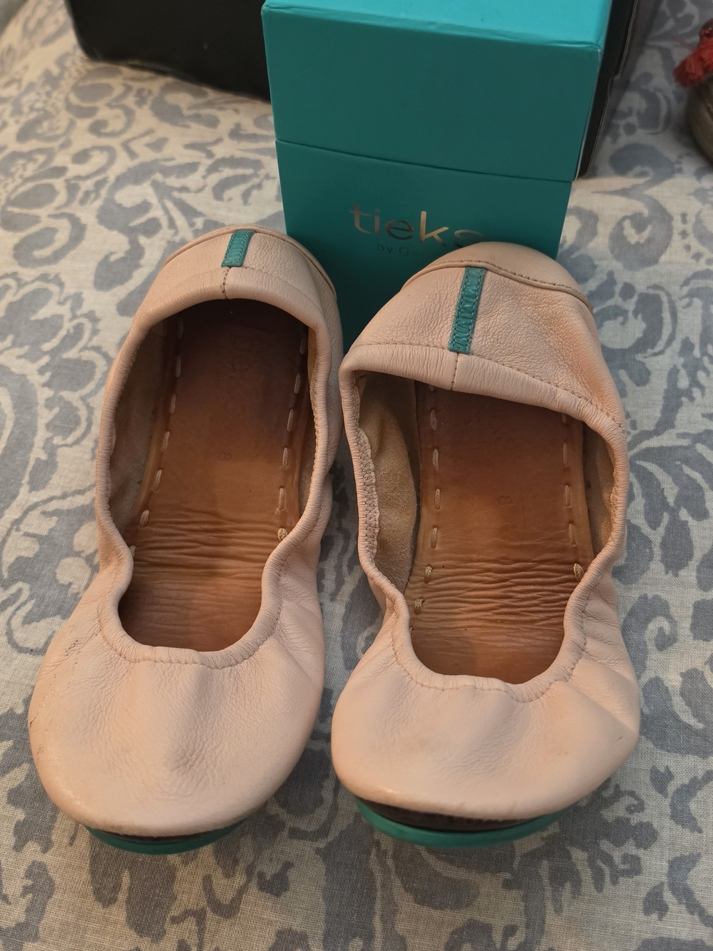 Tieks Leather Ballet Flats in Blush with Teal Trim